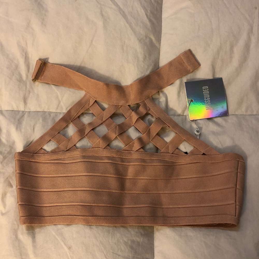 Missguided Bandage Lattice Halter Crop Top Tan 10